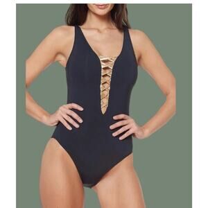 Bleu Rod Beattie Twisted-Front One-Piece Swimsuit Black and Gold Size 10 Xx1531